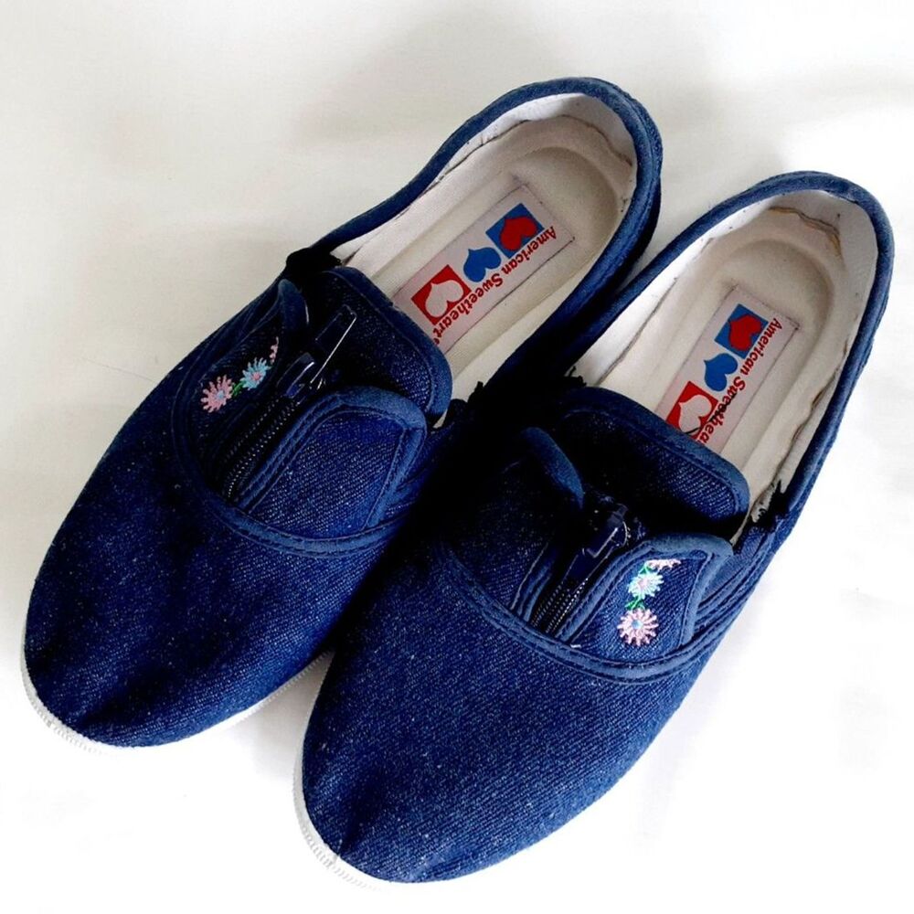 Women's American Sweetheart Blue Denim Flower Embroidered Sneakers Shoes 6.5M